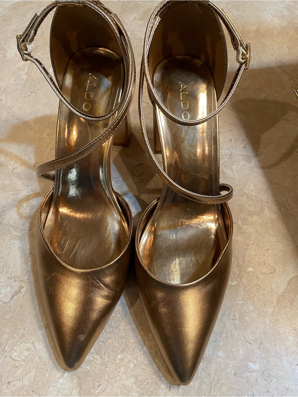 Aldo Metallic Bronze Pointed-Toe Ankle-Strap Heels